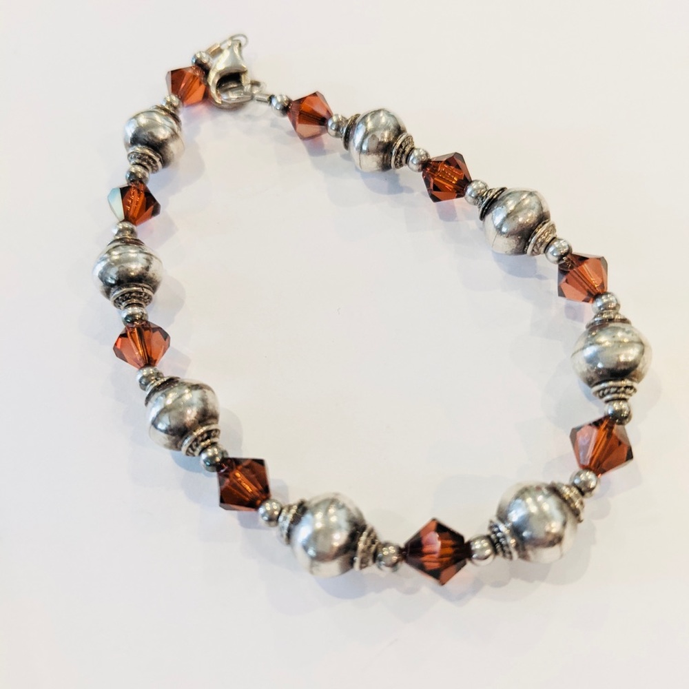HANDCRAFTED Bracelet Red Rose Garnet Faceted Sterling Silver Balls 8.5”